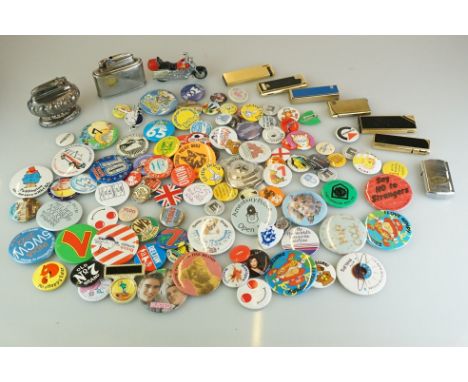 A collection of vintage button badges to include advertising examples together with a quantity of lighters. 