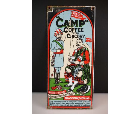 Reproduction " Camp " Coffee with Chicory polychrome enamel advertising sign, approx 36cm high 