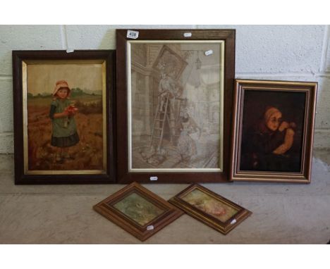 Two Small Paintings of Old Master style Figures, 18cm x 8cm, together with a Needlework of 18th century Figures and Two Print