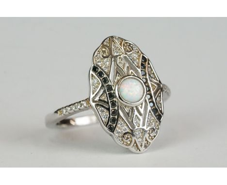 Silver, CZ &amp; opal panelled Art Deco style ring 