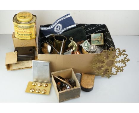 A box of mixed collectables to include a good collection of British pre decimal and foreign coins, a hohner harmonica, brass 