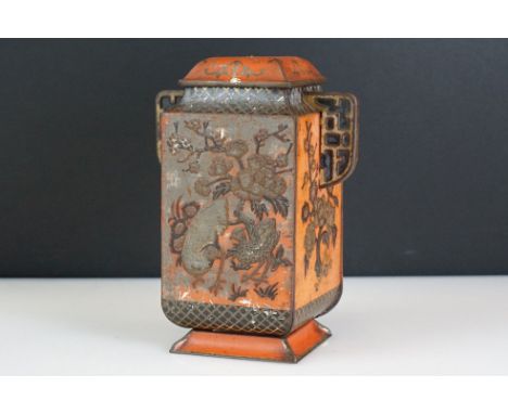 W&amp;R Jacob biscuit tin in the form of a twin-handled tea caddy with chinoiserie decoration depicting peacocks and floral s