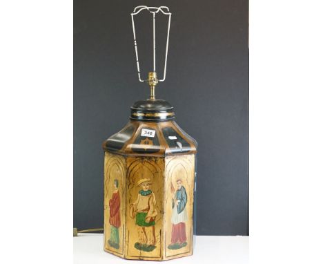 Toleware lamp base in the form of an antique tea caddy with figural decoration, approx 72cm overall height 
