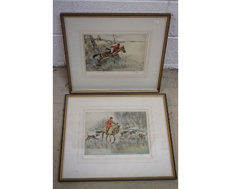Pair of Henry Wilkinson Limited Edition Coloured Etchings of Hunting Scenes, each signed in pencil to the margin, no. 36/100 