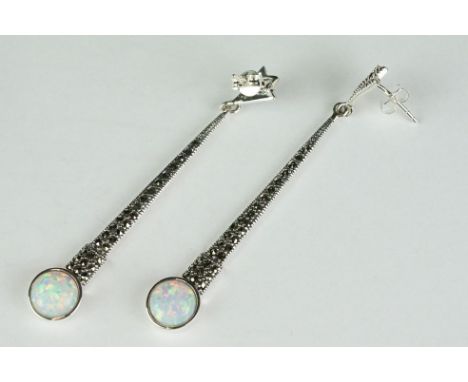 Pair of silver, marcasite &amp; opal Art Deco style drop earrings 