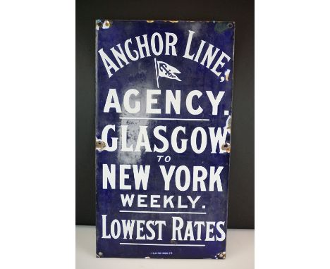 Original Anchor Line enamel advertising sign, reads ' Anchor Line, Agency Glasgow to New York Weekly. Lowest Rates ', makers 