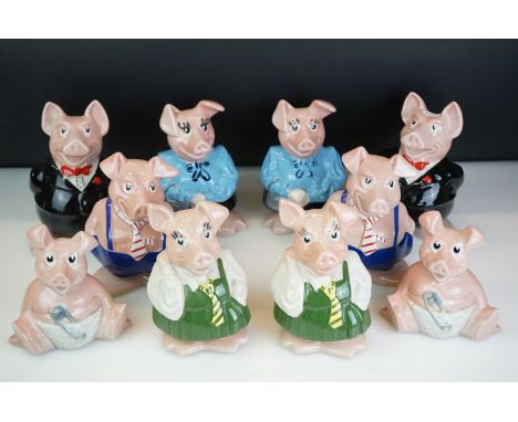 Two sets of five Wade NatWest ceramic piggy banks, all with stoppers 