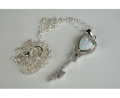 Silver, CZ &amp; opal heart shaped Tiffany style key necklace 