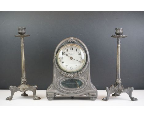 Antique French Bulle Clockette electromagnetic pewter cased mantle clock, made by Bulle, France, convex bevelled glass front 