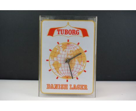 Advertising - Late 20th Century Tuborg Danish Lager plastic wall clock of rectangular form, with dial decorated with a globe,