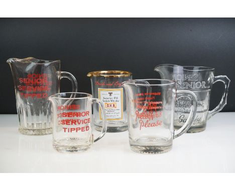 Five glass advertising water jugs to include 3 x early-to-mid 20th century Senior Service jugs, Player's and O.H.B Superior O