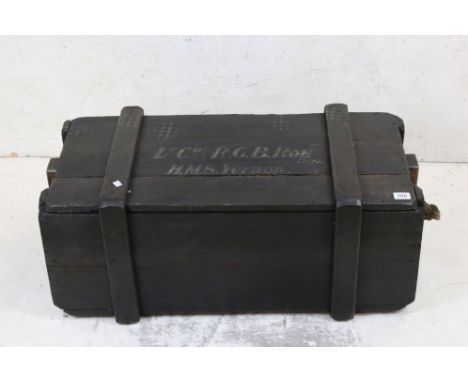 Vintage painted pine naval chest inscribed Lieutenant Commander R G B Roe (RN) HMS Vernon, 92cm long x 38cm high 