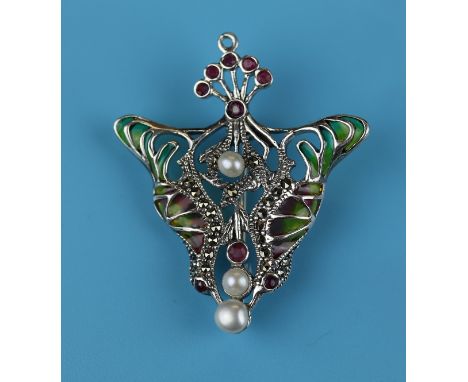 Silver champlevé enamel, ruby &amp; pearl set bird brooch