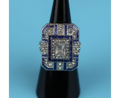 Large square Art Deco style dress ring - Blue enamel - Size J