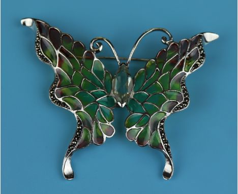 Large silver champlevé enamel stone set butterfly brooch