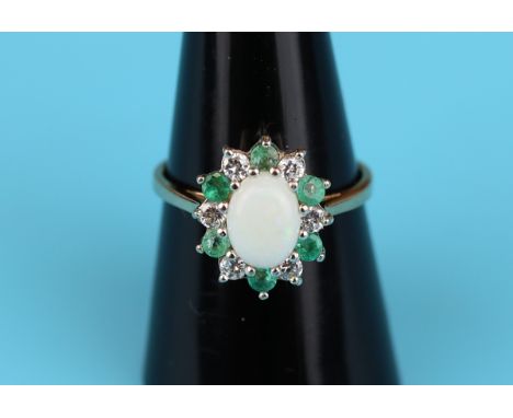 Gold opal, diamond &amp; emerald ring (Size: O½)