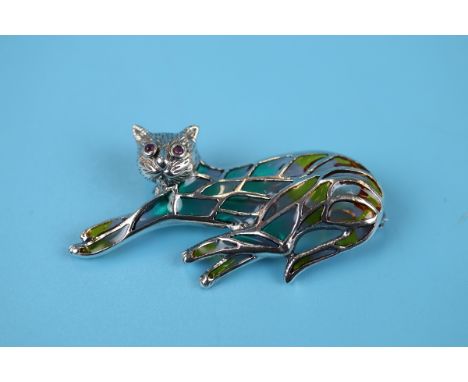 Silver champlevé enamel stone set cat brooch