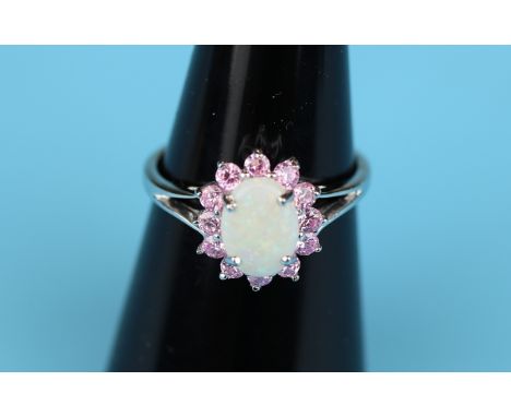 White gold opal &amp; pink sapphire cluster ring (Size: L)