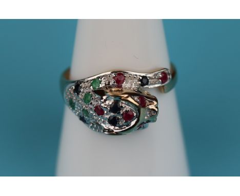 Gold emerald, sapphire &amp; ruby leopard ring (Size: P)