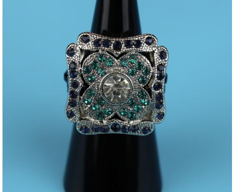 Large square Art Deco style dress ring - Blue &amp; green enamel - Size J