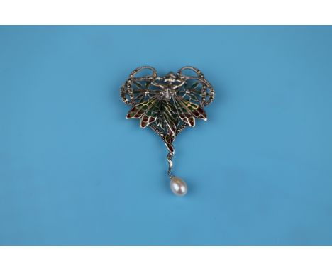 Silver &amp; champlevé enamel fairy brooch / pendant