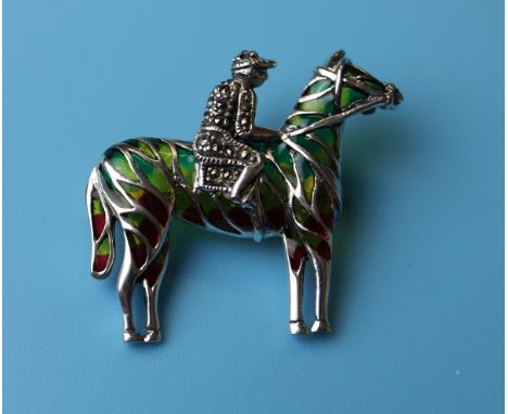 Silver champlevé enamel &amp; marcasite set horse &amp; jockey brooch