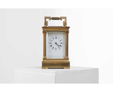 A large gilt-bronze carriage clock, 19th century, French, the white enamel dial marked with Roman and Arabic chapter rings, i