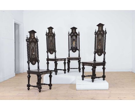 Two pairs of ebonised fruitwood, ivory and silvered-brass inlaid hall chairs, 19th century, North Italian, each with an arche
