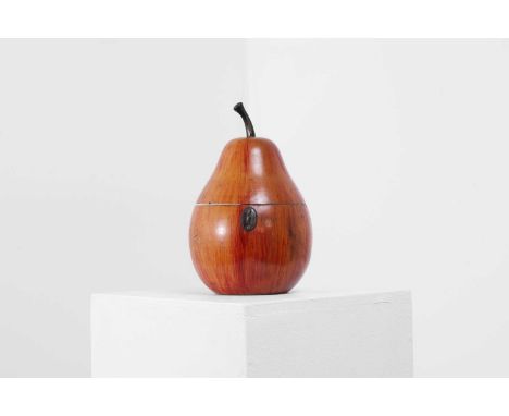 A George III fruitwood pear-shaped tea caddy, early 19th century, with original red blush and key,12cm diameter19cm highCondi