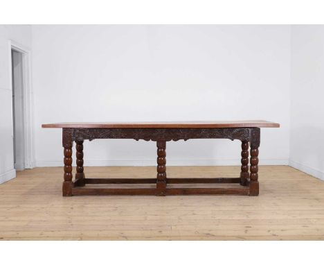 A Charles I-style oak refectory table, 19th century, but possibly incorporating some earlier elements, the later rectangular 