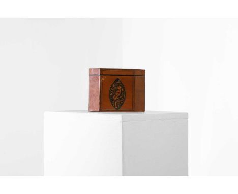 A Regency satinwood tea caddy, 19th century, the hinged cover with an heraldic badge of the Prince of Wales, with crossbanded
