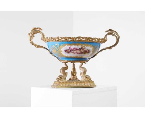 A Sèvres-style porcelain and ormolu-mounted bowl,  19th century, the body with painted panels enclosing a cherub to one side 