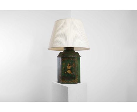 A Victorian toleware table lamp, 19th century, of canted square form, the front panel with gilt chinoiserie decoration, on a 