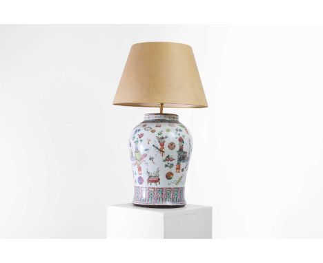 A famille rose porcelain lamp, 20th century, Chinese, painted with precious objects, fruits and floral roundels, with a 15-in