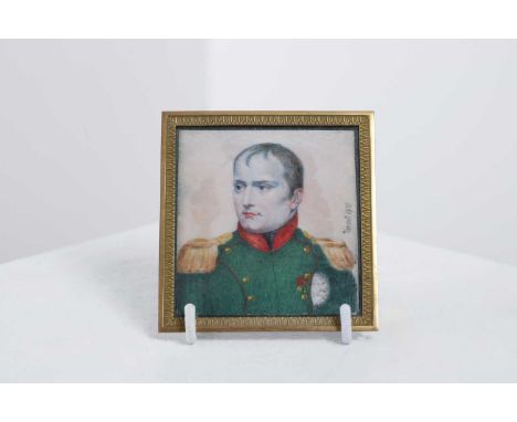 A portrait miniature on ivory,  1815, French, depicting Napoleon, possibly by Horace Vernet, inscribed 'Vernet 1815' 7 x 7cm,