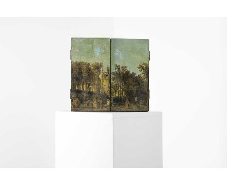 An arte povera miniature table cabinet, late 19th/early 20th century, the exterior decorated with printed romantic landscapes