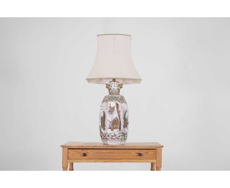A Satsuma vase lamp,  Meiji period (1868-1912), Japanese, of hexagonal form set with twin handles, painted with figures, with