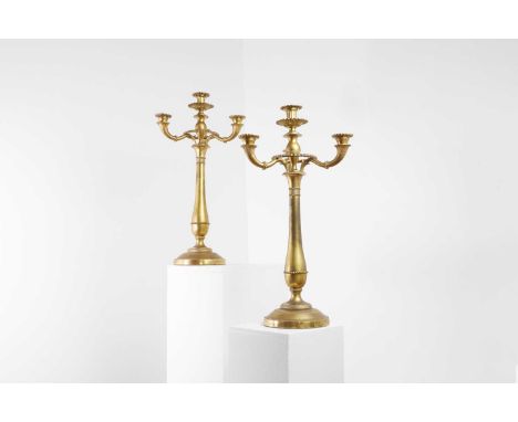 A pair of Charles X ormolu candelabra, 19th century, French, each baluster stem supporting four palm cast sconces, supported 