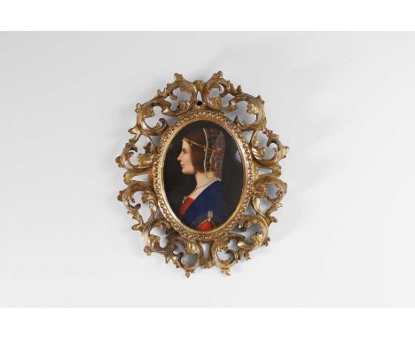 After Leonardo da Vinci, a painted porcelain plaque, c.1860-80, German, an oval profile portrait of Beatrice d'Este, mounted 