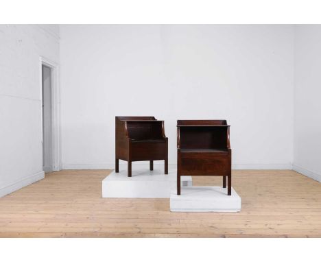 A near pair of mahogany step commodes,  early 19th century and later, each with two hinged shelves, raised on square supports
