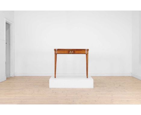 A George III satinwood card table, c.1795, the crossbanded fold-over top above a frieze decorated with a painted cherub, rais