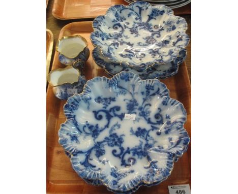 Two Ridgways blue and white transfer printed comports, together with three matching dishes and a Crescent china blue and whit