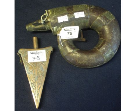 Indo-Persian ram's horn powder flask with metal mounts, together with another metal flask of arrowhead form, probably copper.