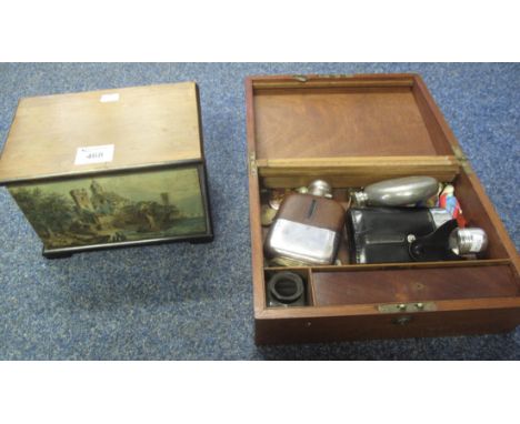 19th Century mahogany workbox comprising assorted oddments, hip flask, painted knights and similar figures, cigarette cards, 