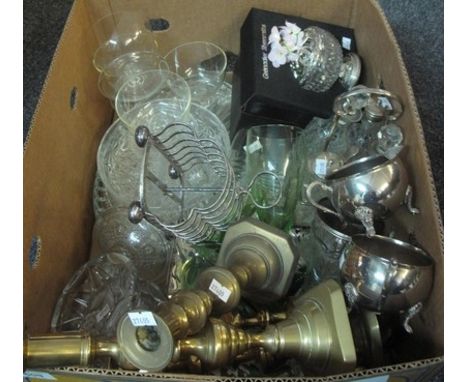 Box of assorted glass and metalware to include; brass candlesticks, cruet set, silver plated toast rack, milk jug, sucrier, e