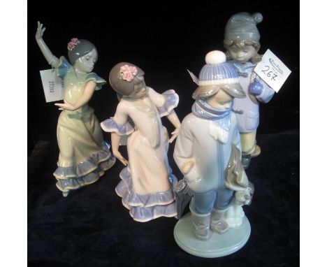 Three Lladro Spanish porcelain figurines of young children, one in hat and scarf with puppy, together with a Nao figurine of 