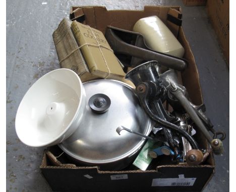 Box of kitchenalia to include; metal casserole, various metal vintage meat grinders, rolling pin, Archibald Kendrick & sons v