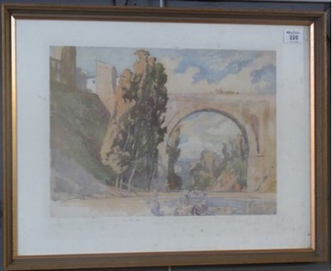 After Frank Brangwyn, coloured print, river bridge with figures, signed by the artist. 32 x 43cm approx. (B.P. 24% incl. VAT)