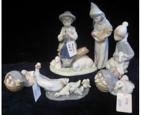 Collection of five Lladro Spanish porcelain figurines and animals to include; geese, together with a Nao porcelain figure of 