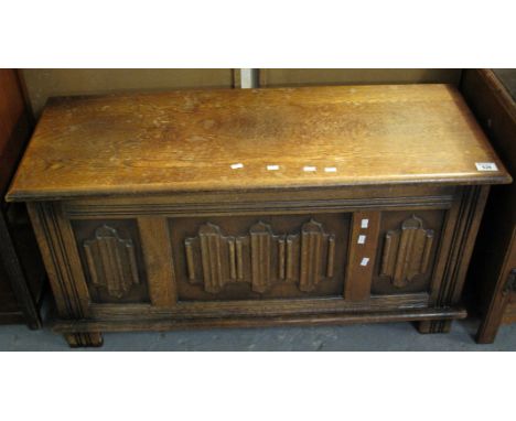 Mid Century oak linen fold trunk or blanket box. (B.P. 24% incl. VAT)